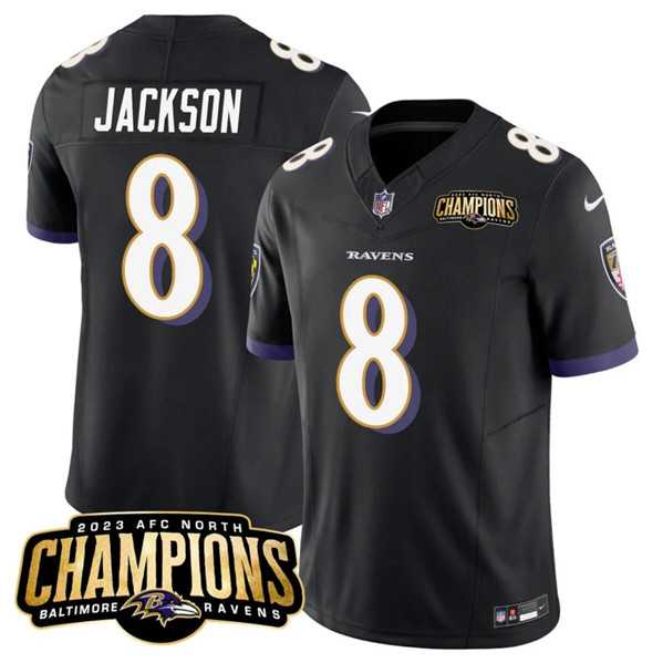 Men & Women & Youth Baltimore Ravens #8 Lamar Jackson Black 2023 F.U.S.E. AFC North Champions Vapor Limited Jersey